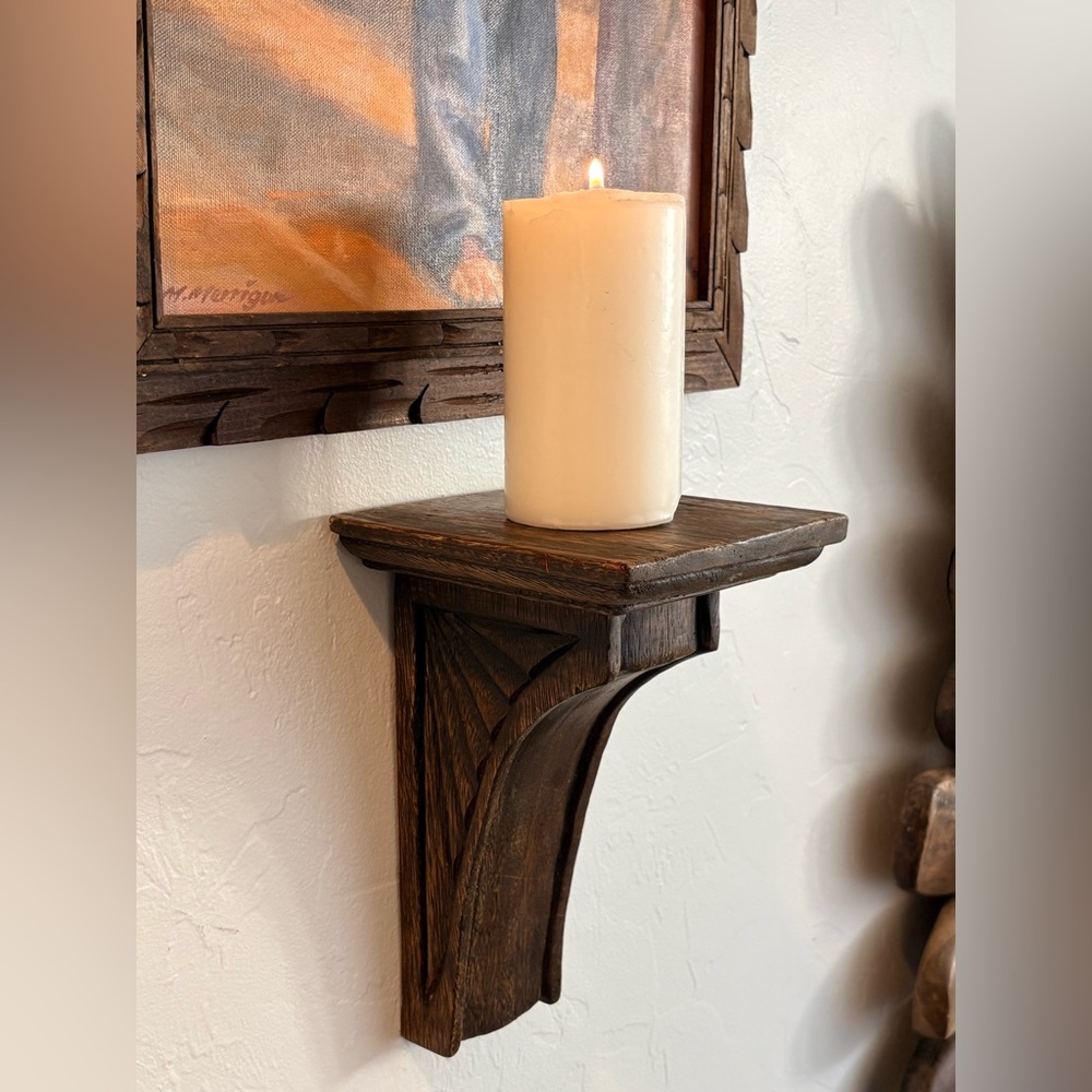 Rustic Carved Wood Brown Wall Shelf